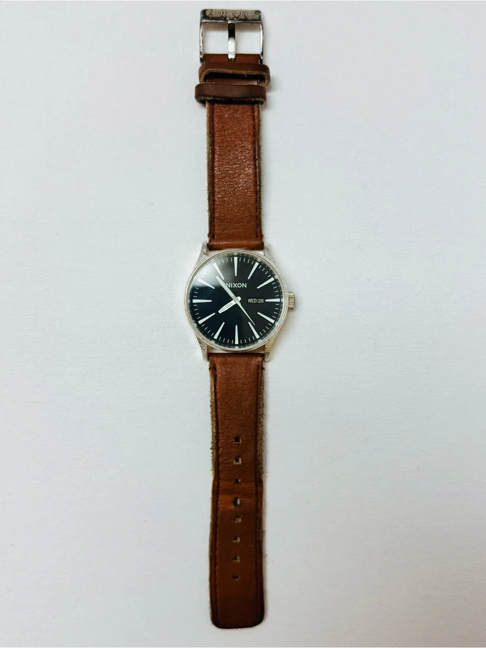 Nixon The Sentry 42mm Men's Day/Date Watch Silver Brown Leather Black Dial